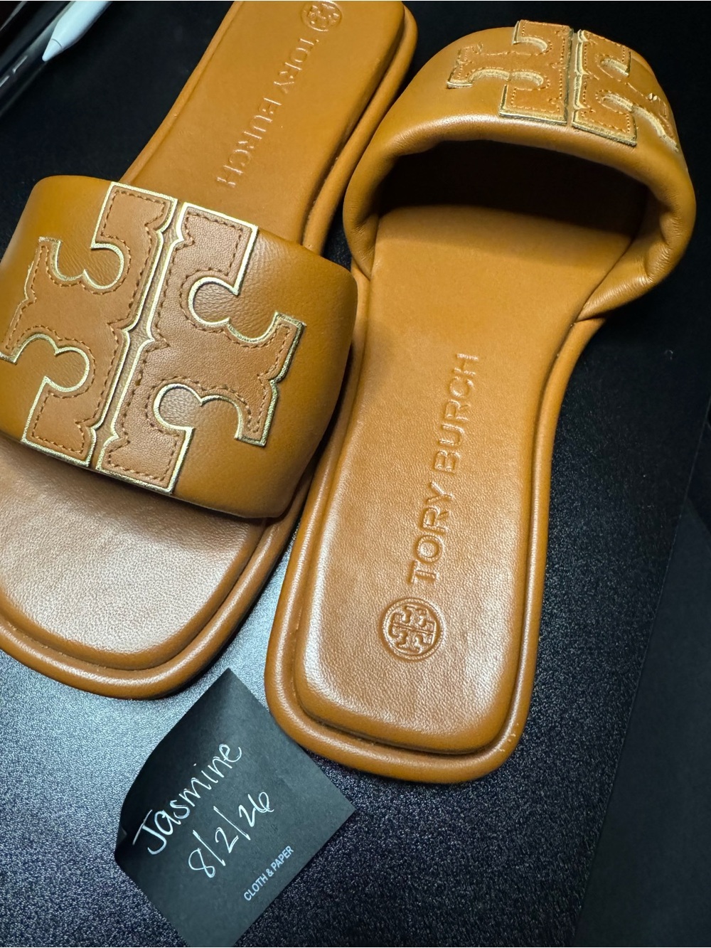 Tory Burch Leather Logo Slide Sandals in Cognac Brown - Picture 2 of 4